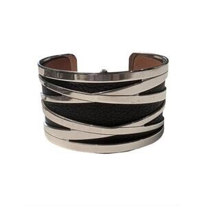 Brighton Christo Meridian Wide Black Orange Leather Cuff Bracelet Silver Wrap